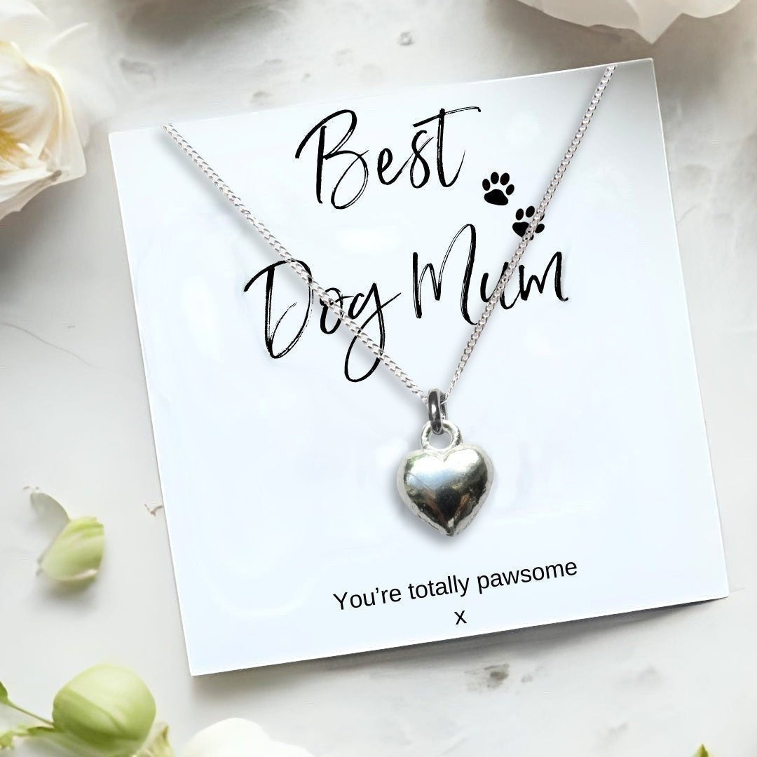 Silver plated puff heart necklace on a sterling silver chain, displayed on the Best Dog Mum message card reading You are totally pawsome