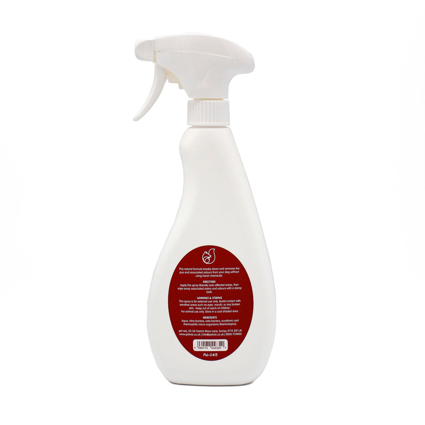 Back label of the Pet Wiz fox poo remover spray showing directions, warnings and the ingredients list