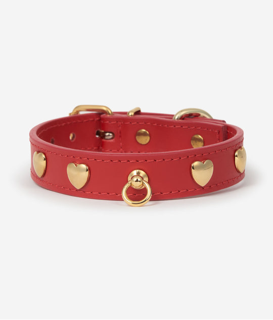 Heart handmade Italian leather dog collar in red with gold hardware — Duke & Milo UK