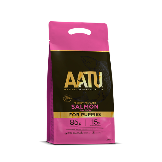 AATU Salmon puppy dry food bag, a UK puppy food used for working out daily portions