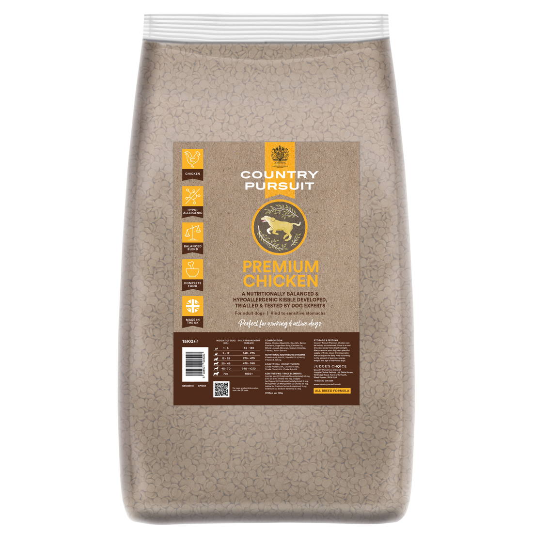 A 15kg bag of Country Pursuit Premium Chicken dry dog food showing the composition, analytical constituents and feeding guide printed on the pack