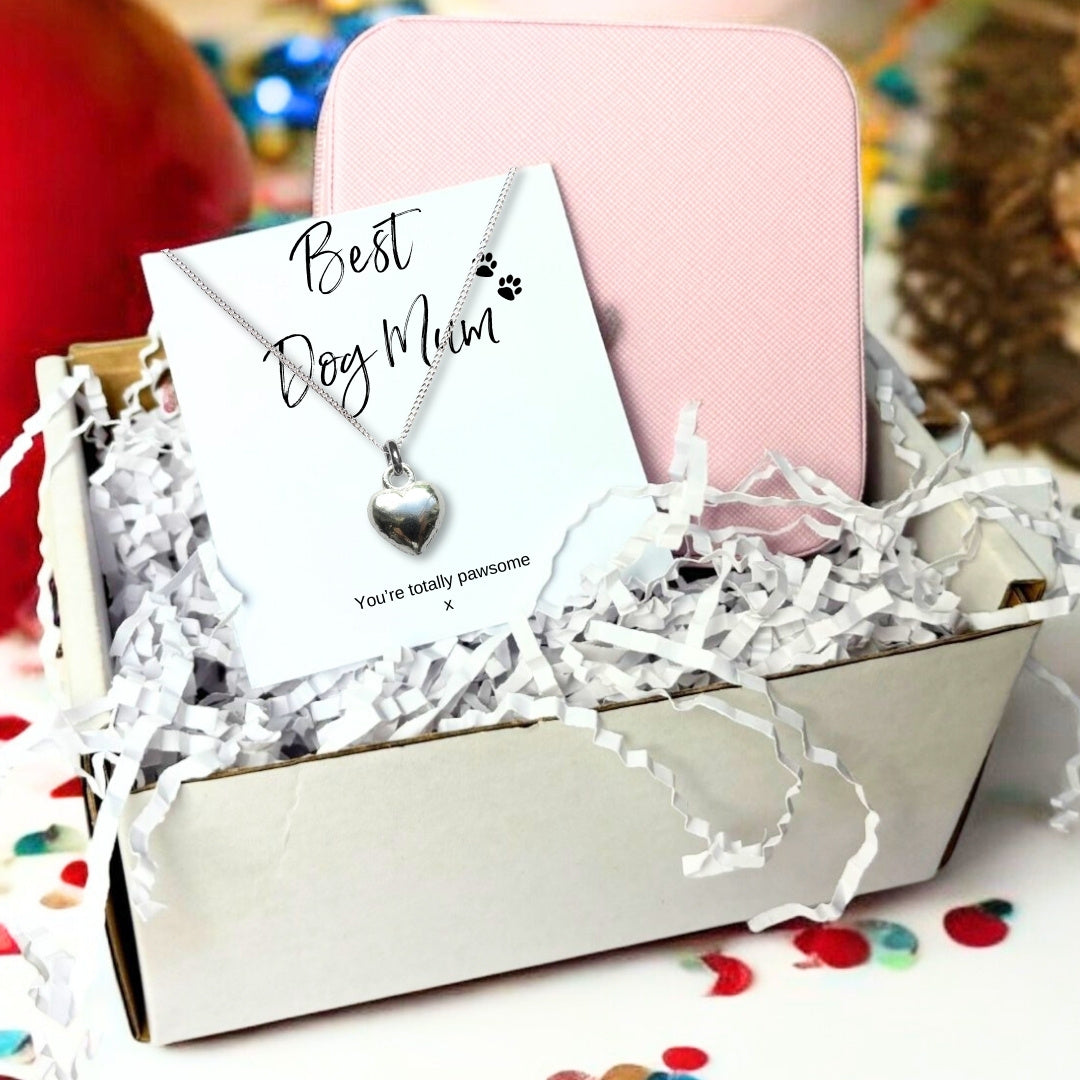 Puffed heart pendant on a fine silver chain, displayed on a Best Dog Mum card reading You're totally pawsome, in a gift box with a pink zip up jewellery case.