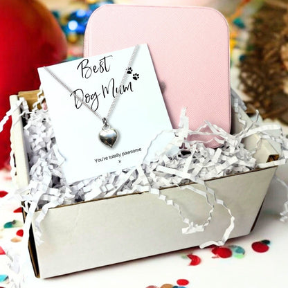 Puffed heart pendant on a fine silver chain, displayed on a Best Dog Mum card reading You're totally pawsome, in a gift box with a pink zip up jewellery case.