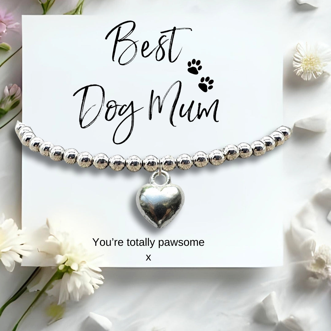 Best Dog Mum silver plated beaded bracelet with a puff heart charm, displayed on the Best Dog Mum message card reading You are totally pawsome