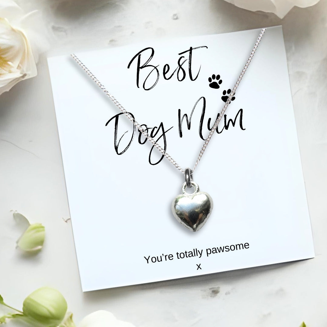 Silver plated puffed heart pendant on a sterling silver chain, displayed on a Best Dog Mum card with paw prints reading You're totally pawsome.