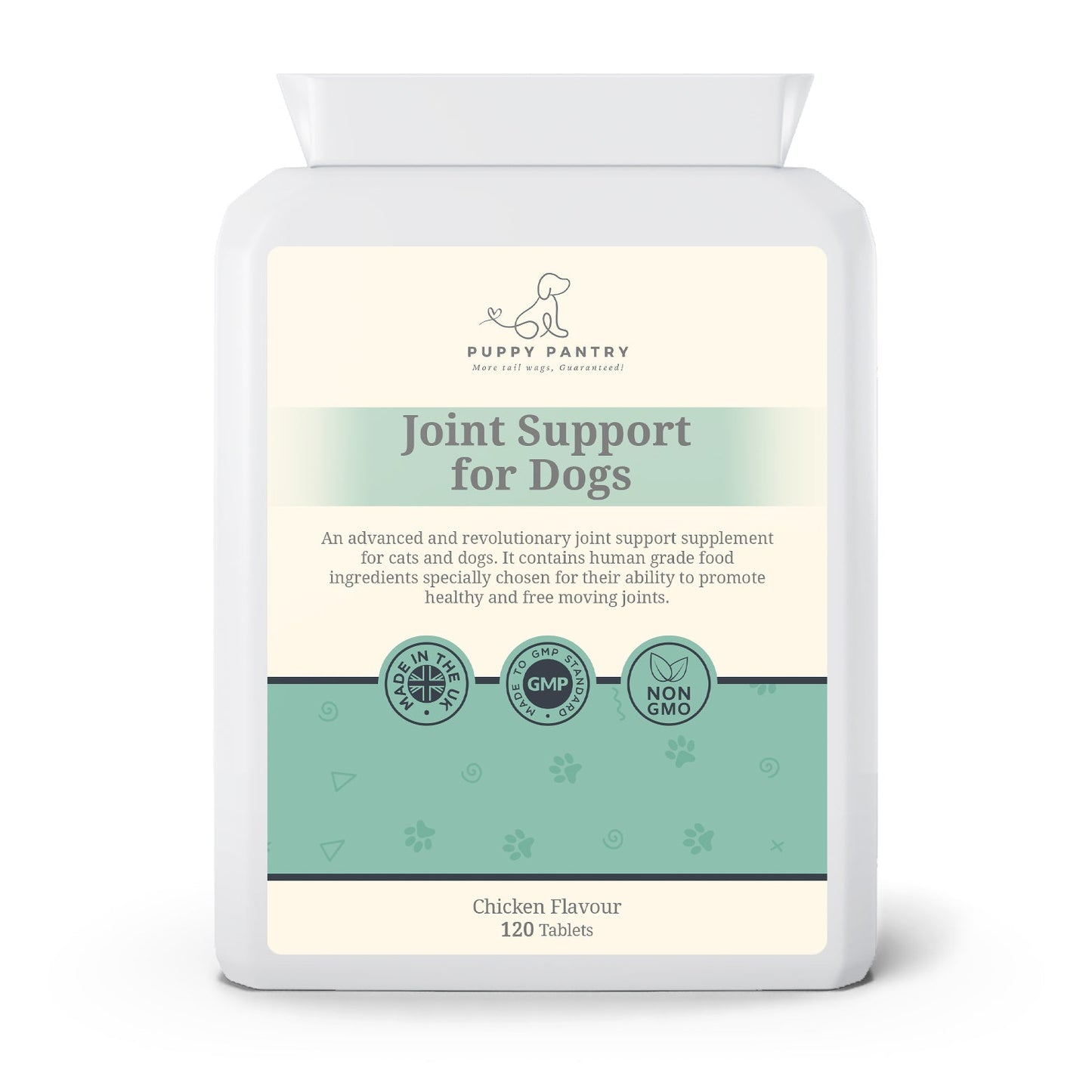 Puppy Pantry Joint Support Tablets for Dogs, chicken flavour 120 tablet bottle, straight on product photograph