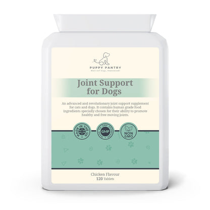 Puppy Pantry Joint Support Tablets for Dogs, chicken flavour 120 tablet bottle, straight on product photograph