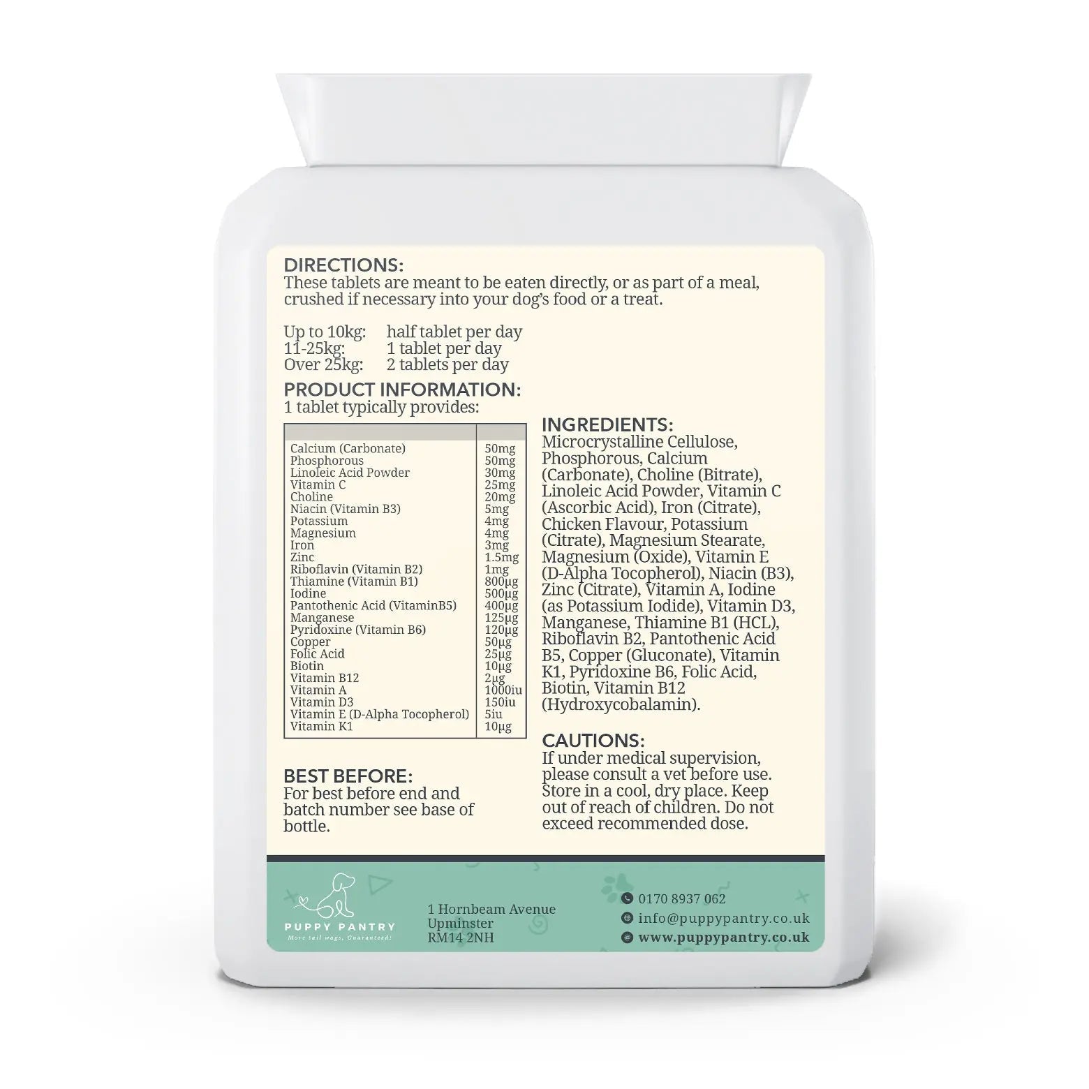 Back of the Puppy Pantry Multivitamin Tablets for Dogs bottle, showing daily directions by bodyweight, product information and cautions