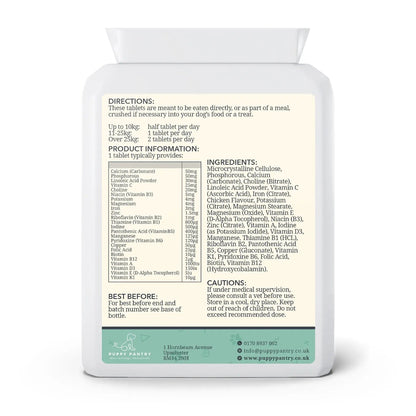 Back of the Puppy Pantry Multivitamin Tablets for Dogs bottle, showing daily directions by bodyweight, product information and cautions
