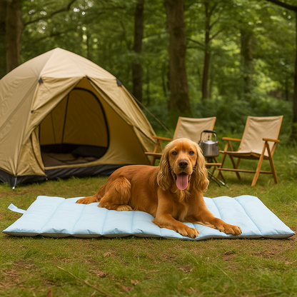 Dog lying on the baby blue dog travel mat outside a tent at a campsite