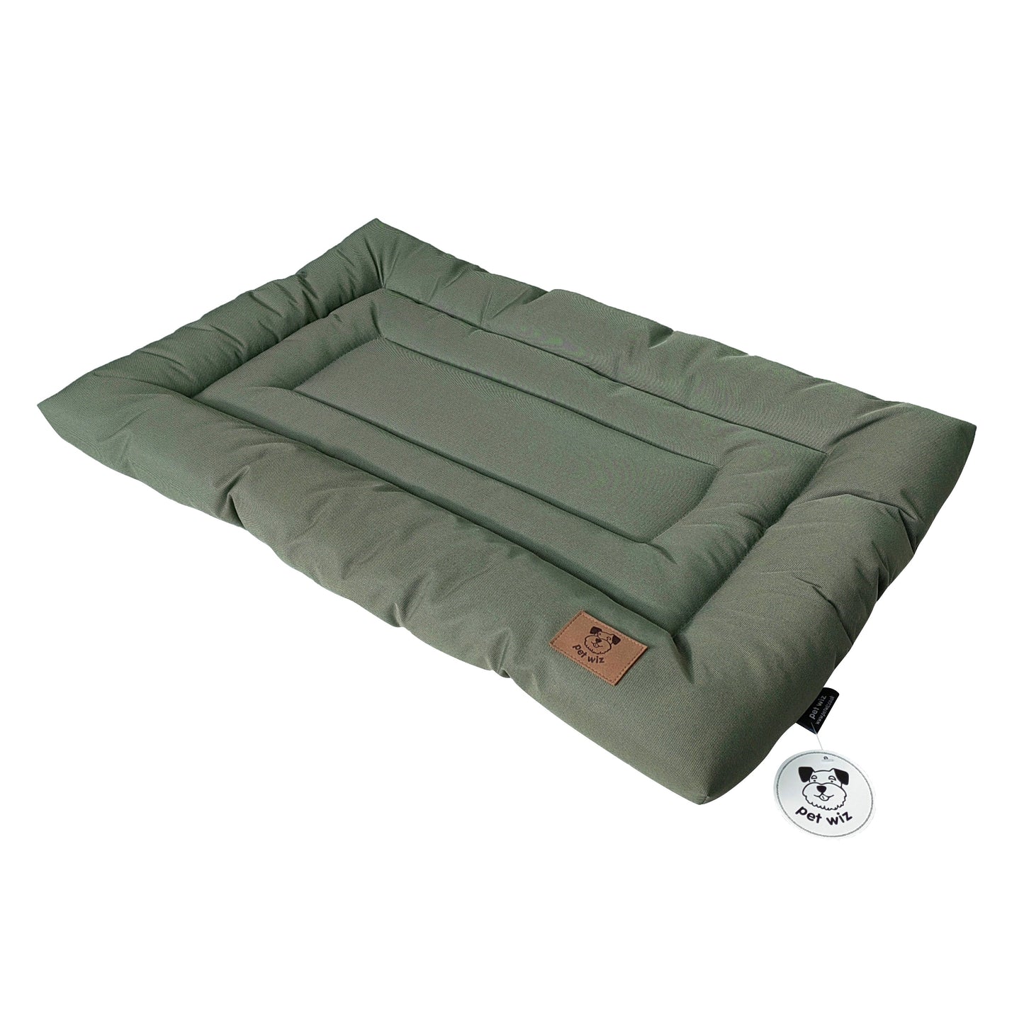 Olive waterproof dog crate bed, side view