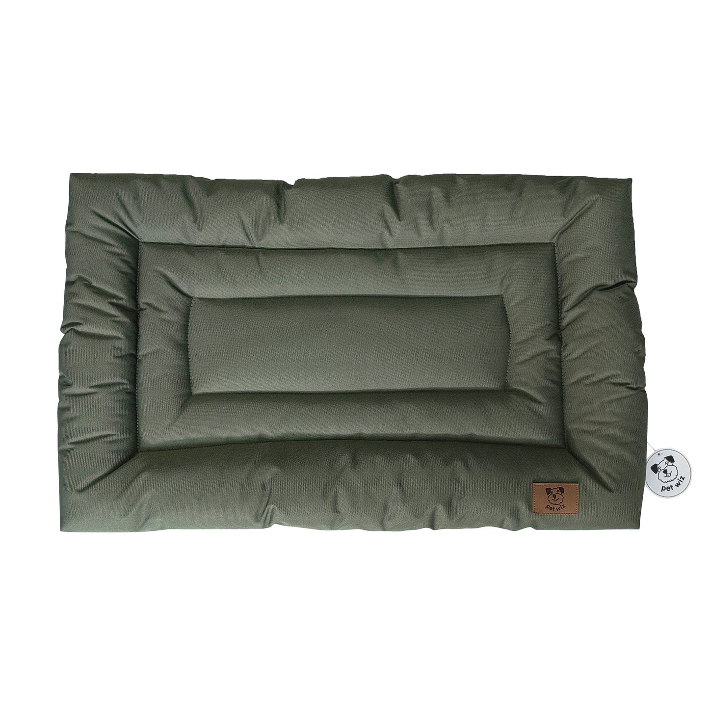 Olive waterproof dog crate bed viewed from above