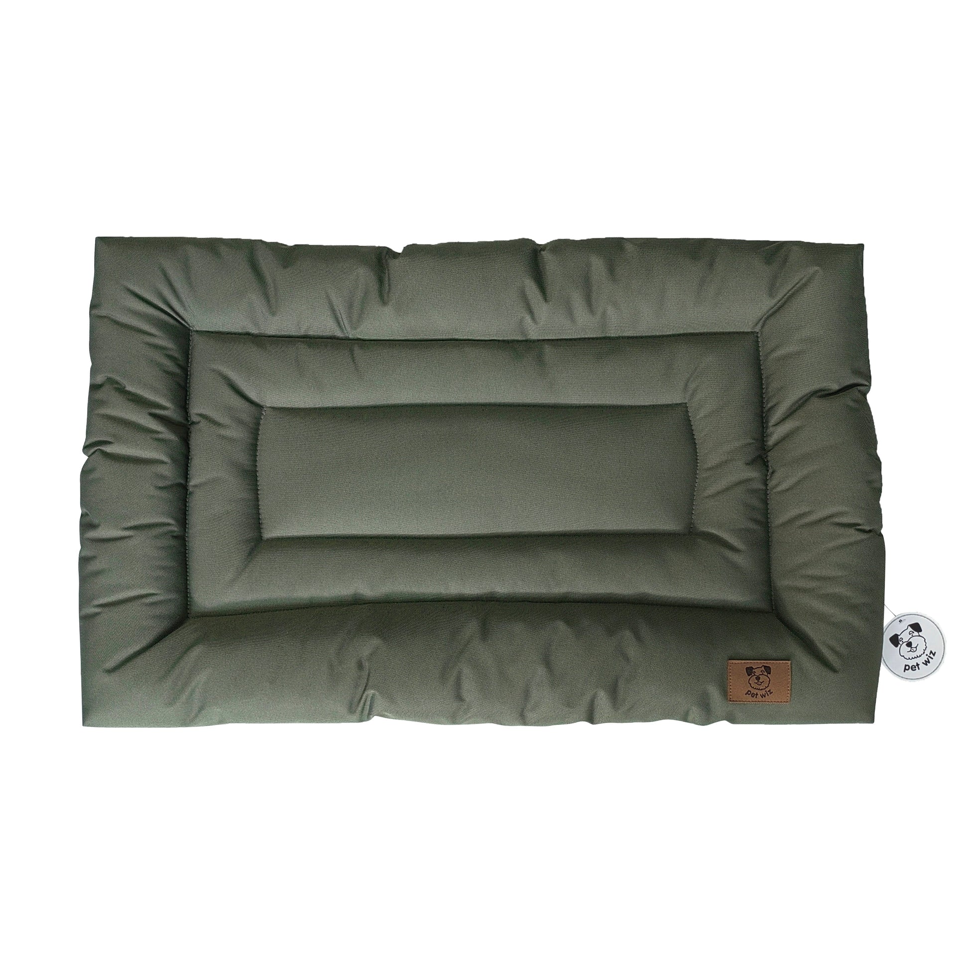 Olive waterproof dog crate bed viewed from above