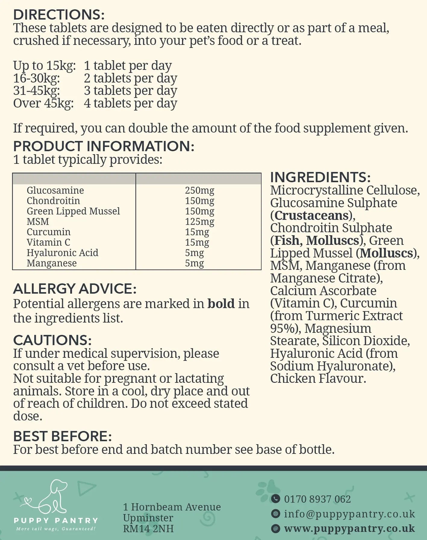 Back label artwork for Puppy Pantry Joint Support for Dogs, showing directions, glucosamine, chondroitin, green lipped mussel and MSM levels, and allergy advice for crustaceans, fish and molluscs