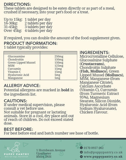 Back label artwork for Puppy Pantry Joint Support for Dogs, showing directions, glucosamine, chondroitin, green lipped mussel and MSM levels, and allergy advice for crustaceans, fish and molluscs