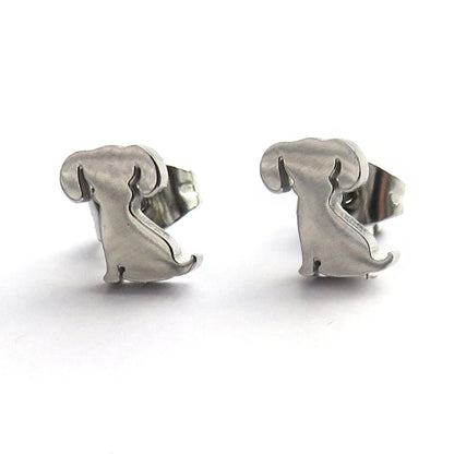 A pair of puppy dog shaped stud earrings in brushed stainless steel with butterfly backs