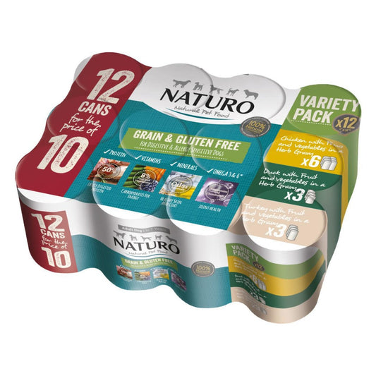 Naturo Alimento húmedo para perros adultos sin cereales ni gluten, latas variadas de aves de corral (12 x 390 g)