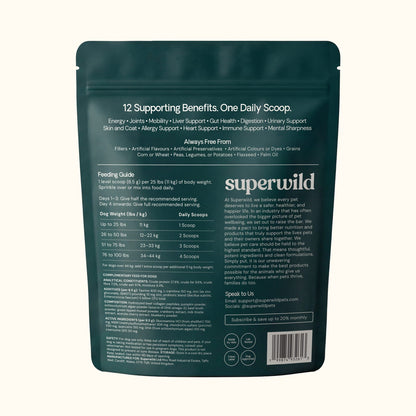Back of the Superwild Super Everyday pouch for dogs, showing the feeding guide by bodyweight, composition, active ingredients and safety information