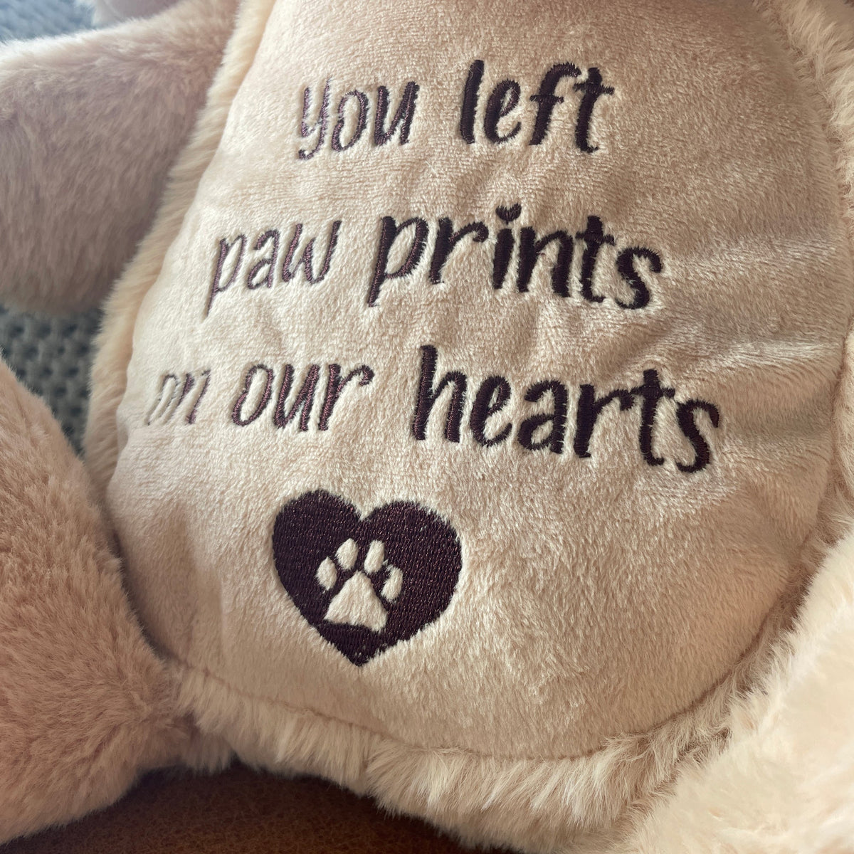 Side view of the 45cm plush memorial dog teddy