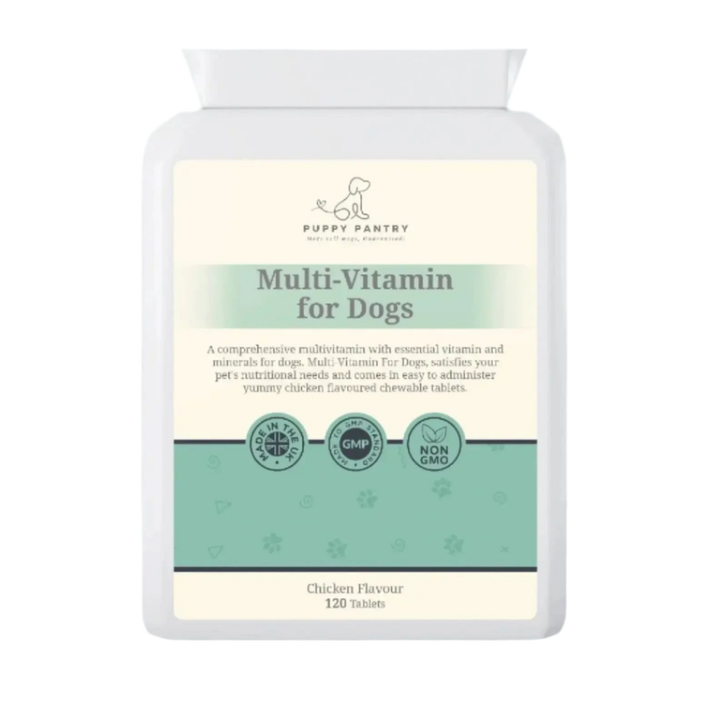 Puppy Pantry Multivitamin Tablets for Dogs, chicken flavour 120 tablet bottle on a plain white background
