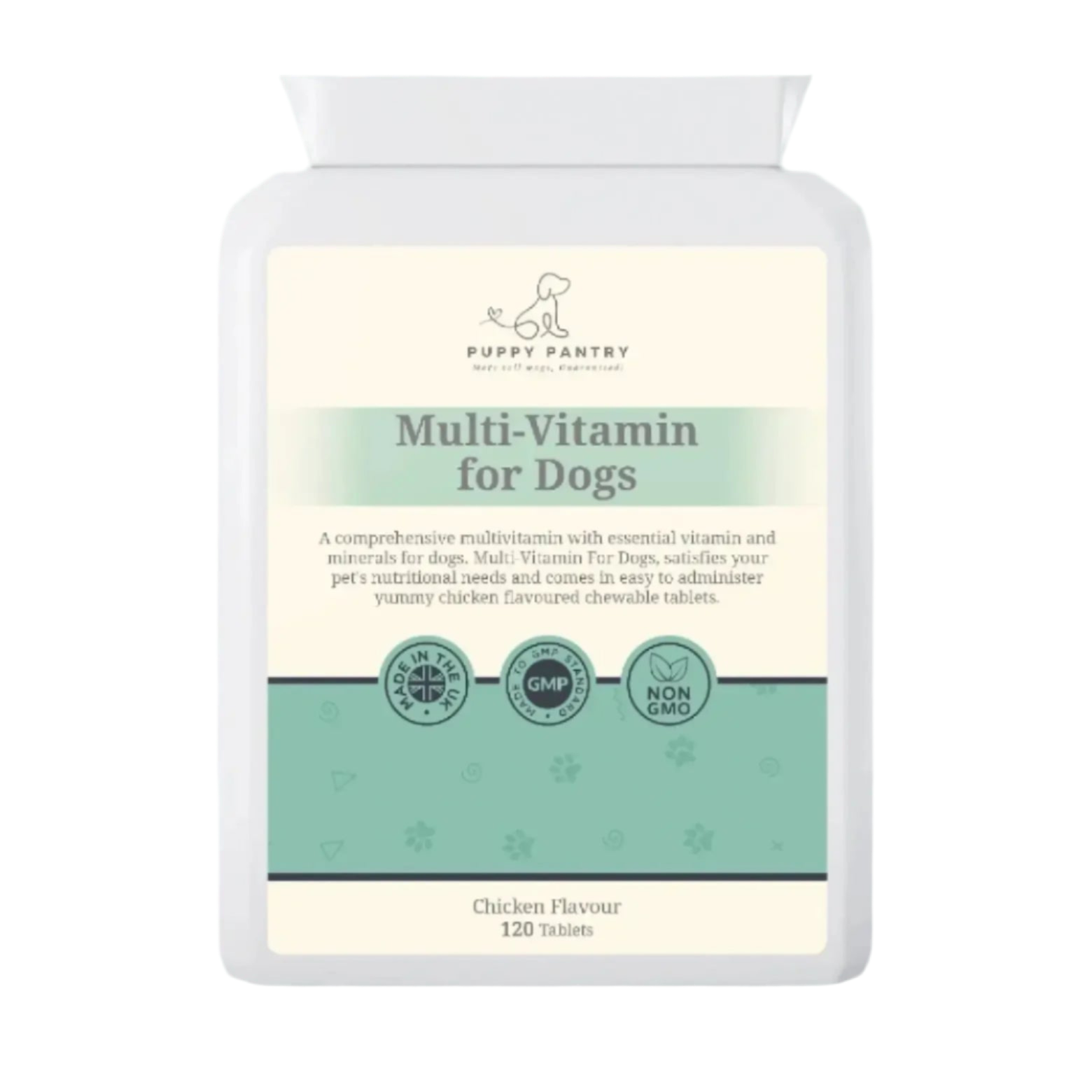 Puppy Pantry Multivitamin Tablets for Dogs, chicken flavour 120 tablet bottle on a plain white background