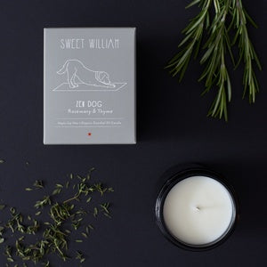Sweet William Zen Dog candle in its box | Duke & Milo
