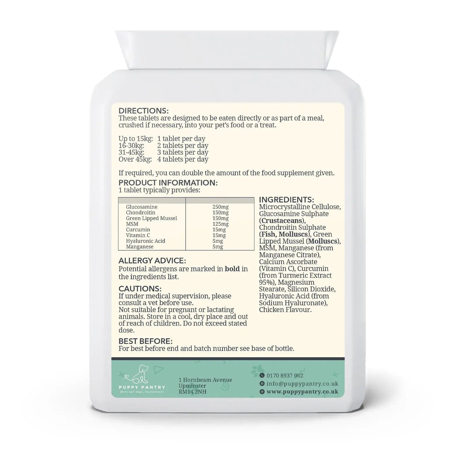 Back of the Puppy Pantry Joint Support Tablets for Dogs bottle, showing daily directions by bodyweight, allergy advice and cautions