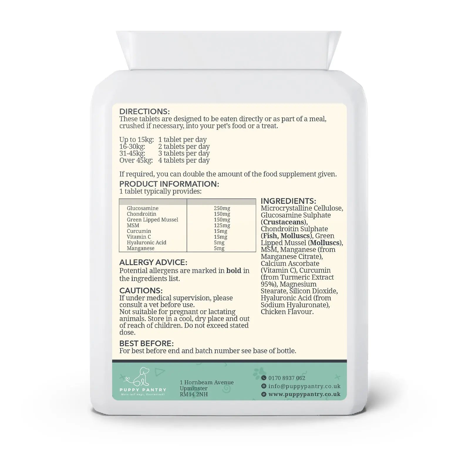 Back of the Puppy Pantry Joint Support Tablets for Dogs bottle, showing daily directions by bodyweight, allergy advice and cautions