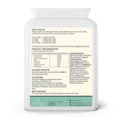 Back of the Puppy Pantry Joint Support Tablets for Dogs bottle, showing daily directions by bodyweight, allergy advice and cautions