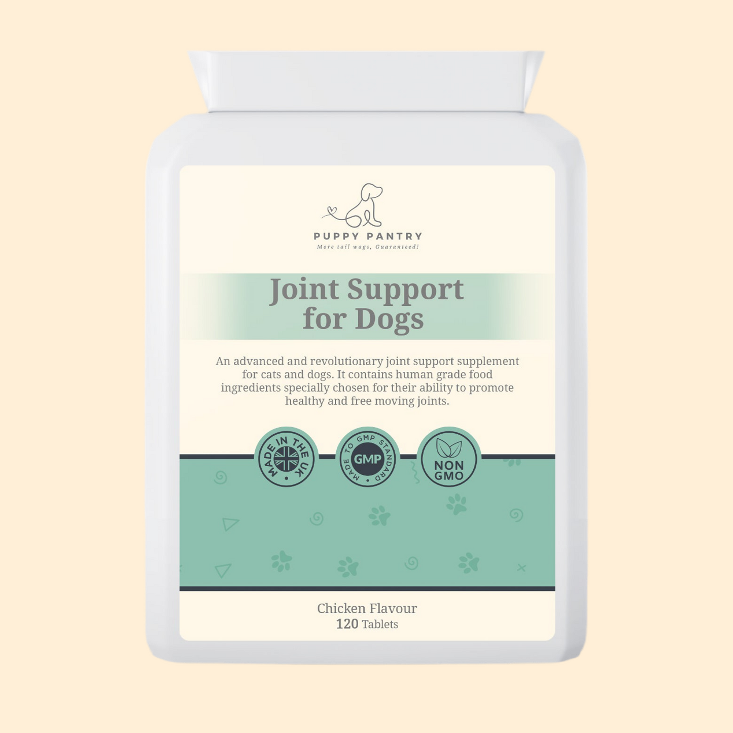 Puppy Pantry Joint Support Tablets for Dogs bottle, chicken flavour, 120 tablets, front label in view