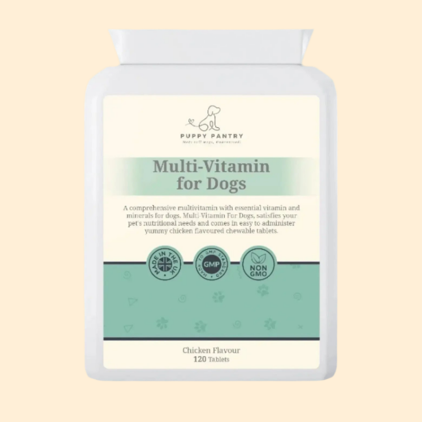 Puppy Pantry Multivitamin Tablets for Dogs, chicken flavour, white 120 tablet bottle shown front on