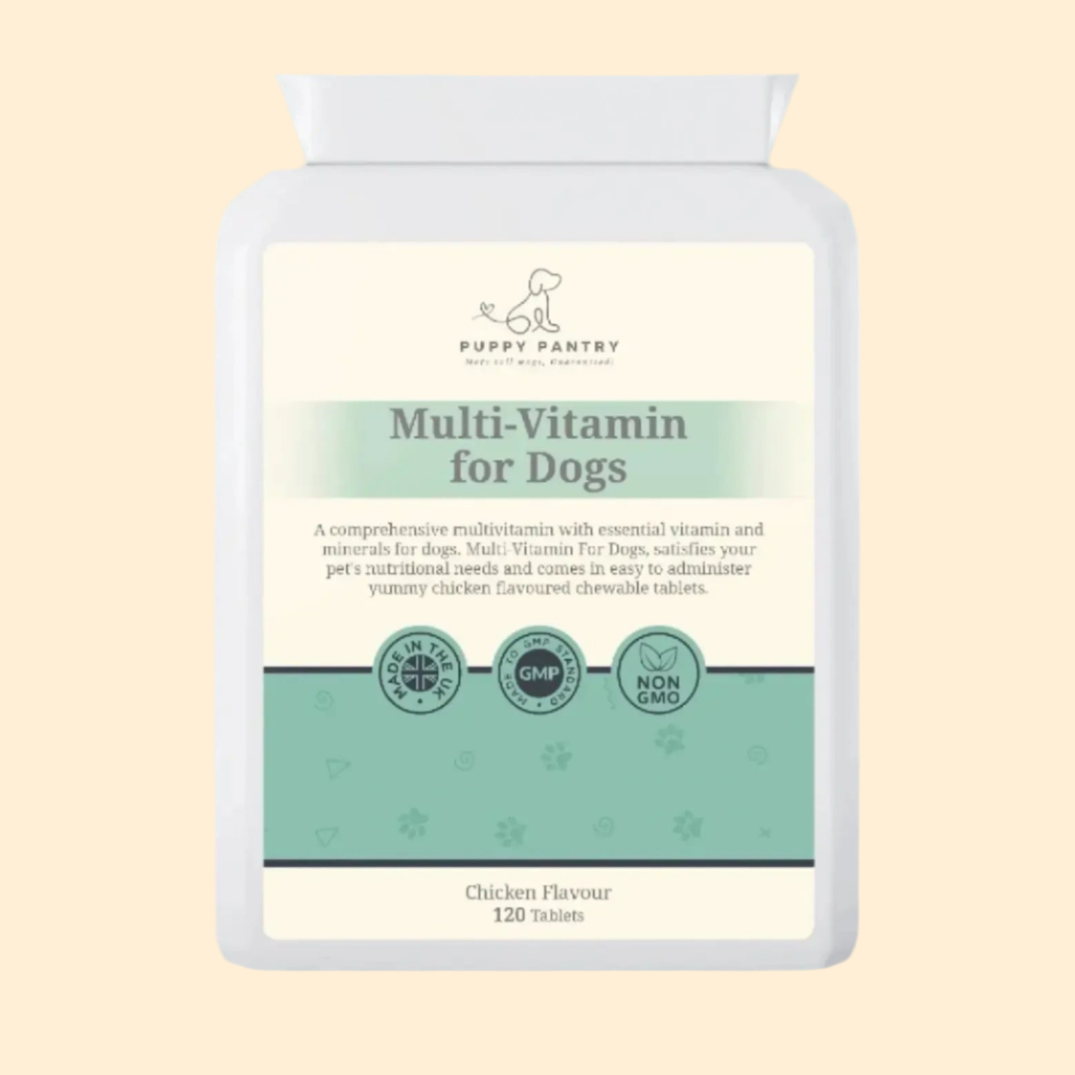Puppy Pantry Multivitamin Tablets for Dogs, chicken flavour, white 120 tablet bottle shown front on