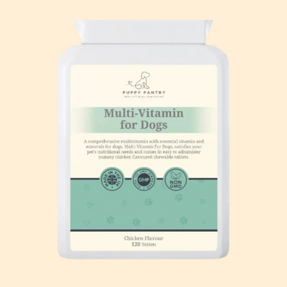 Puppy Pantry Multivitamin Tablets for Dogs, chicken flavour, white 120 tablet bottle shown front on