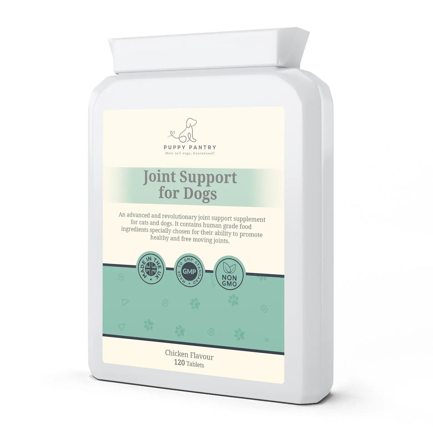 Puppy Pantry Joint Support Tablets for Dogs bottle photographed at an angle, chicken flavour, 120 tablets