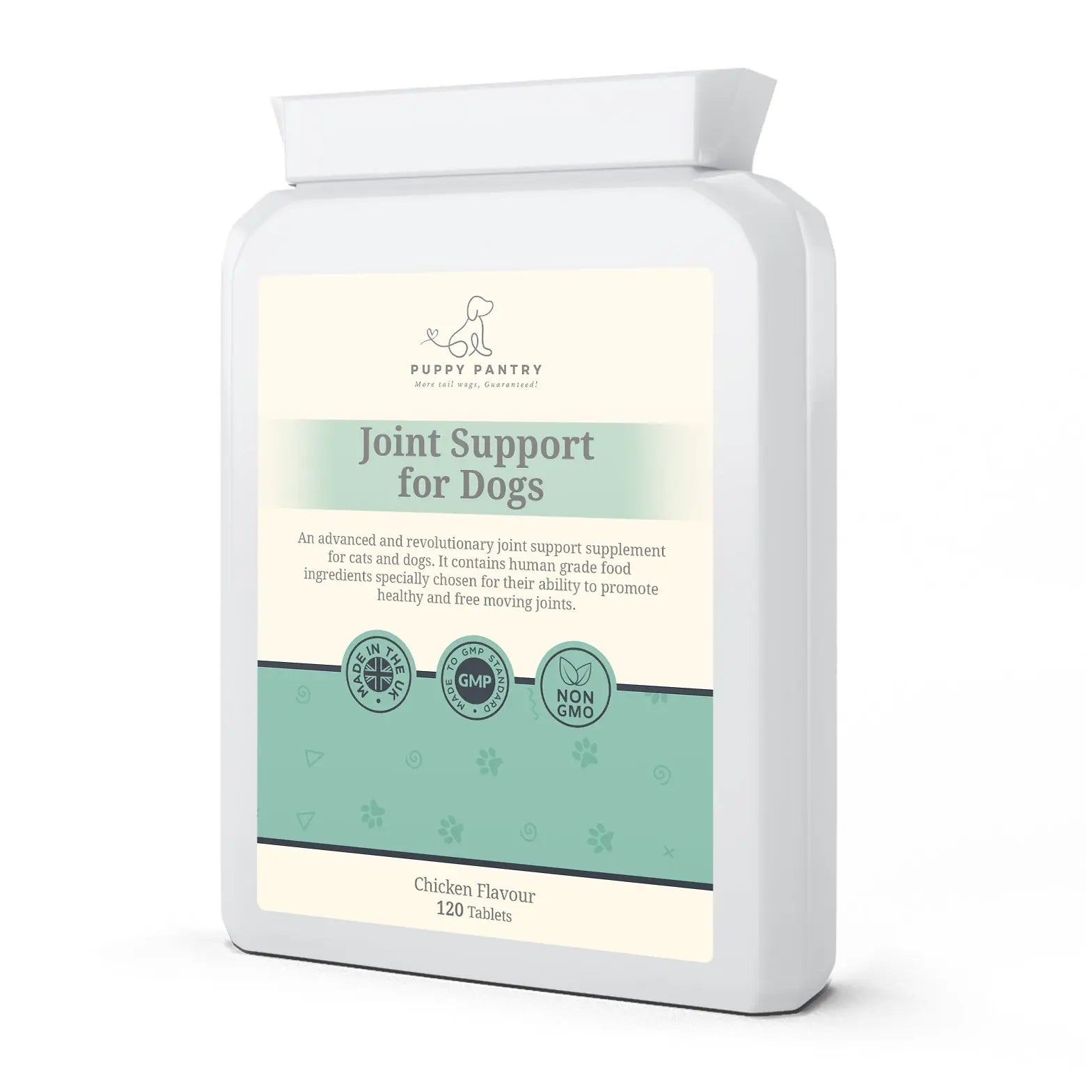 Puppy Pantry Joint Support Tablets for Dogs bottle photographed at an angle, chicken flavour, 120 tablets