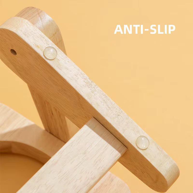 Close up of the wooden dog bowl stand frame with anti slip pads