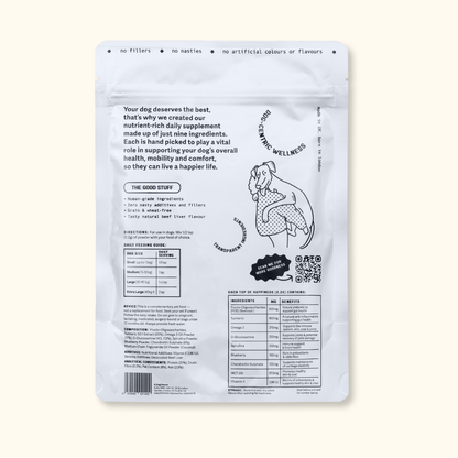 The All Rounder pouch back, showing the ingredient panel