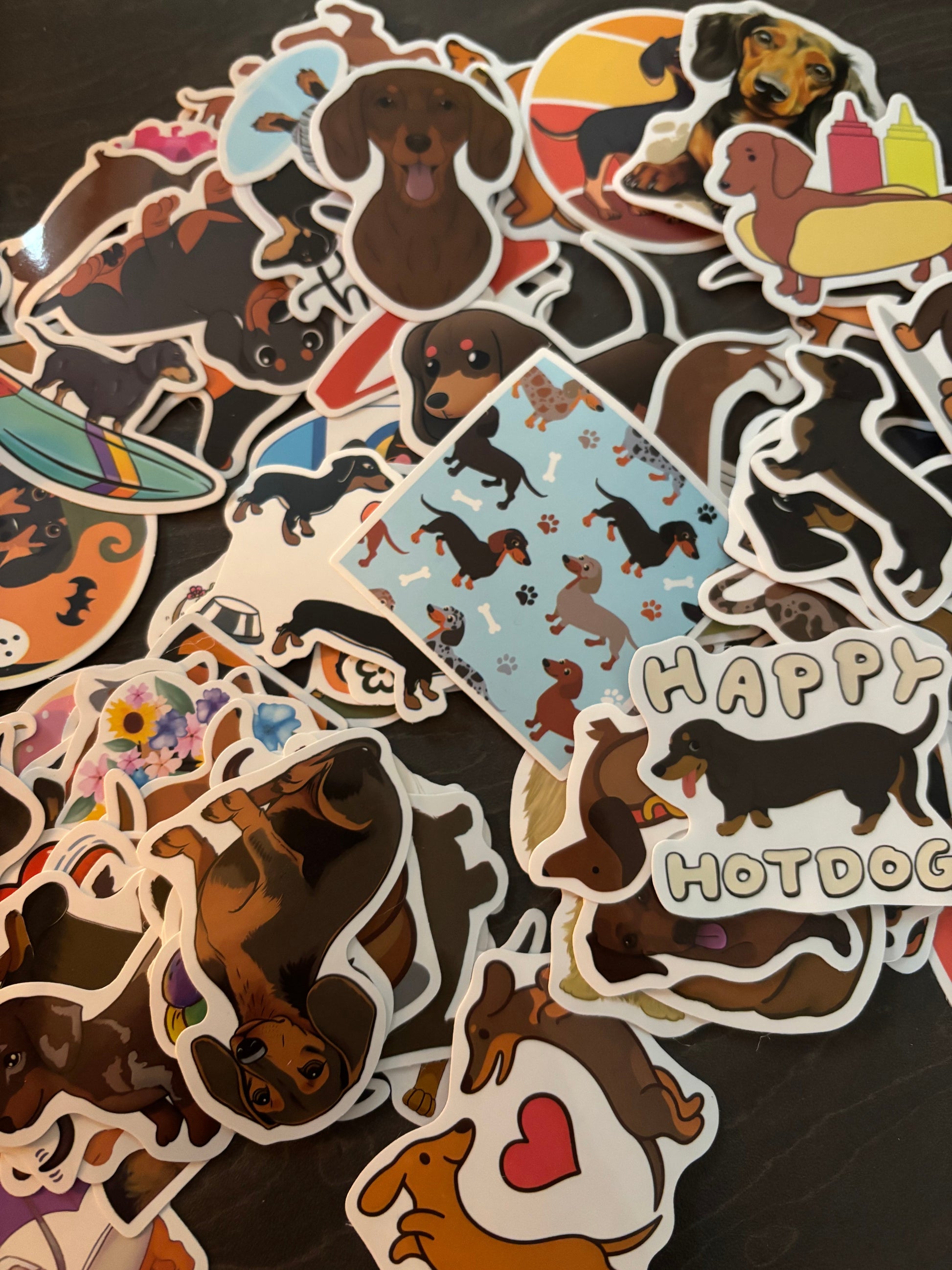 The Bonnie Hound dachshund stickers – close-up of the sticker designs | Duke & Milo