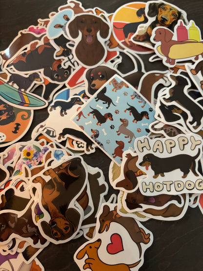 The Bonnie Hound dachshund stickers – close-up of the sticker designs | Duke & Milo