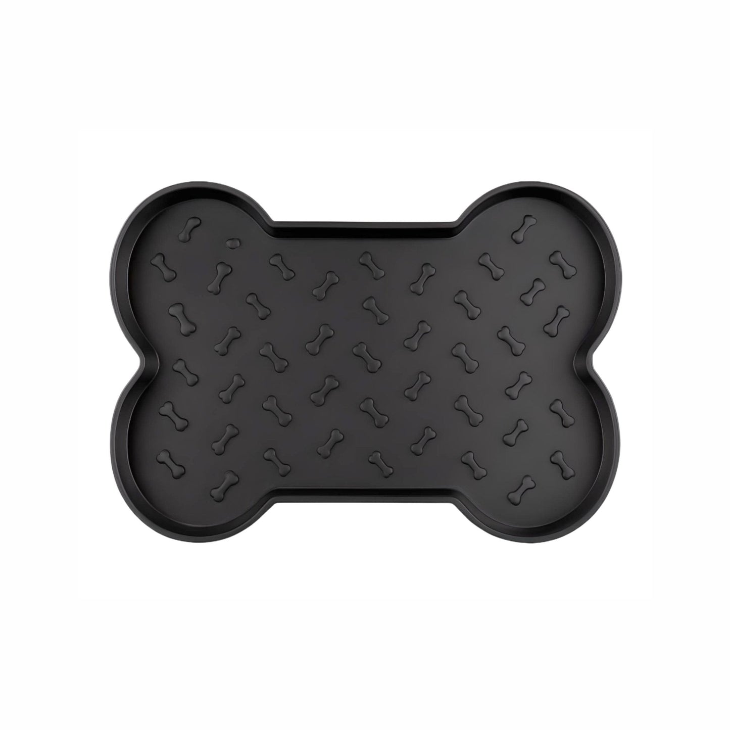 Black bone-shaped dog feeding mat with a slip-resistant, bone-embossed surface
