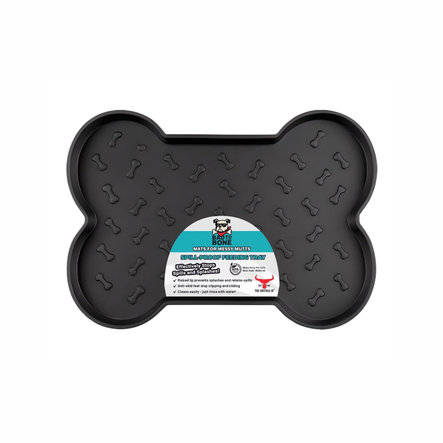 The Buffalo Co. bone-shaped spill-proof dog feeding mat in black, shown with its retail packaging label
