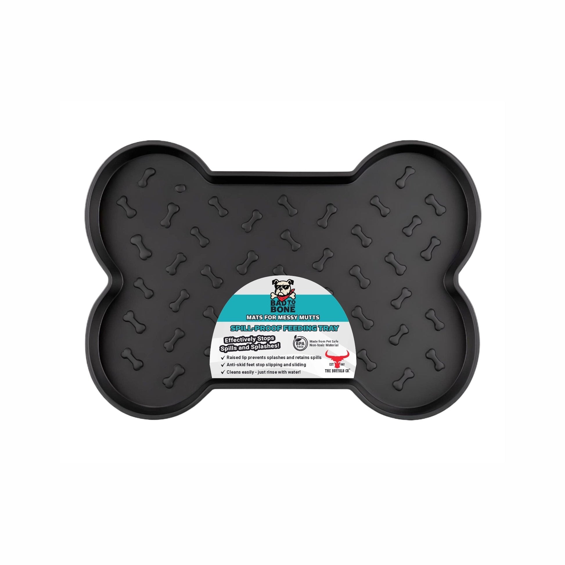 The Buffalo Co. bone-shaped spill-proof dog feeding mat in black, shown with its retail packaging label