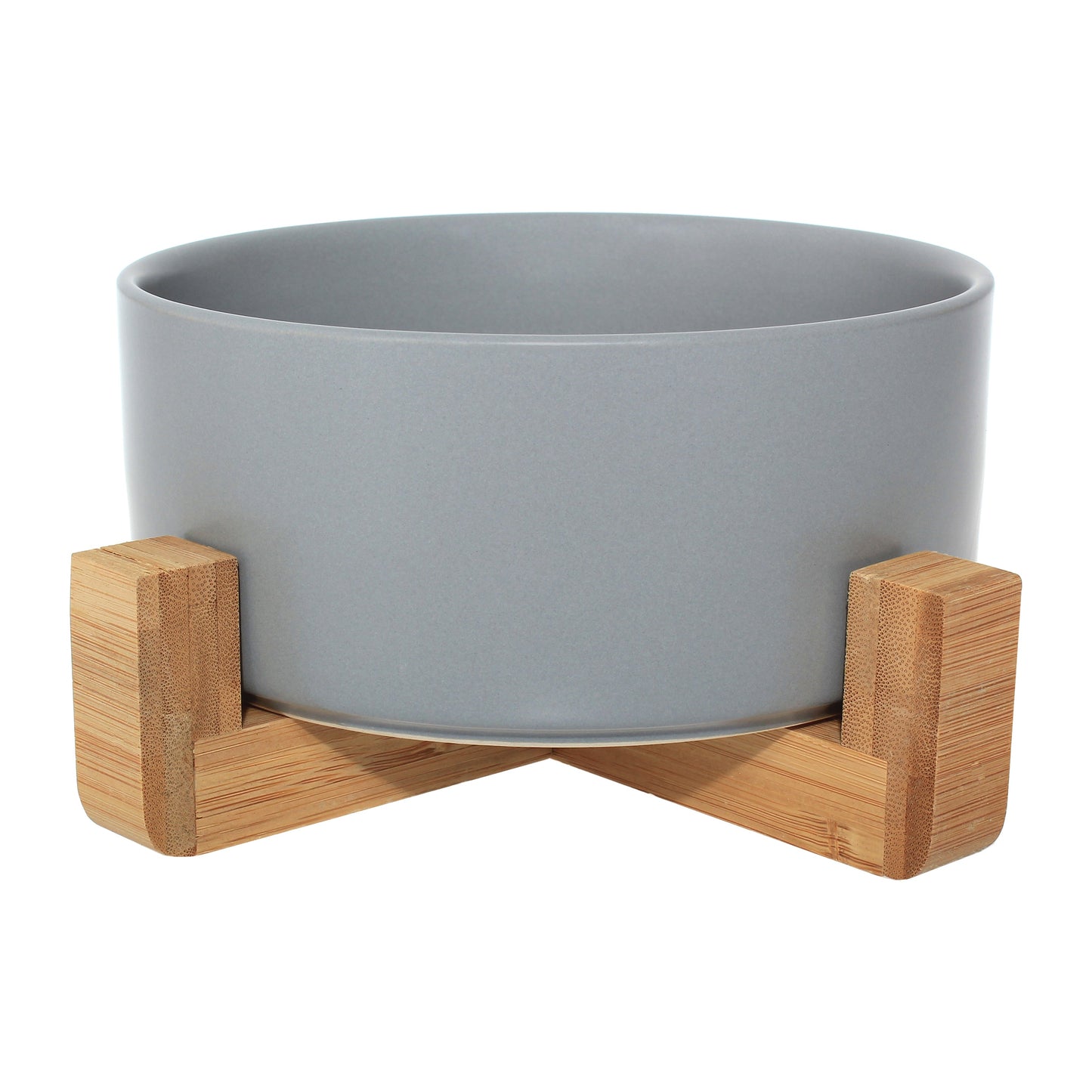 Duke & Milo raised ceramic dog bowl in grey, sitting in its bamboo stand