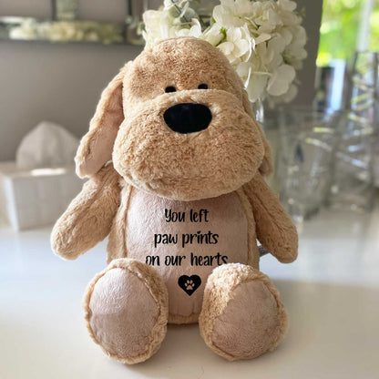 Comfort dog teddy shown with its embroidered message