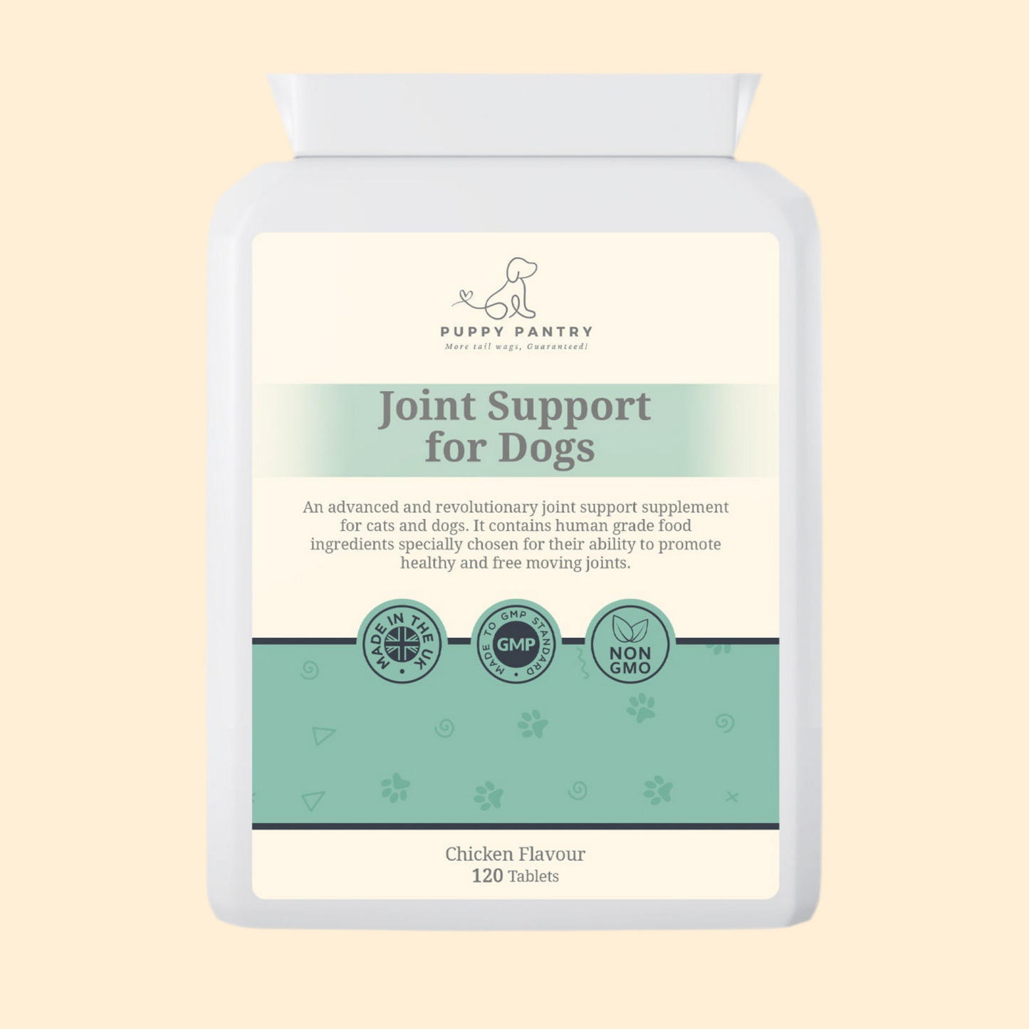 Puppy Pantry Joint Support Tablets for Dogs, chicken flavour, white 120 tablet bottle shown front on