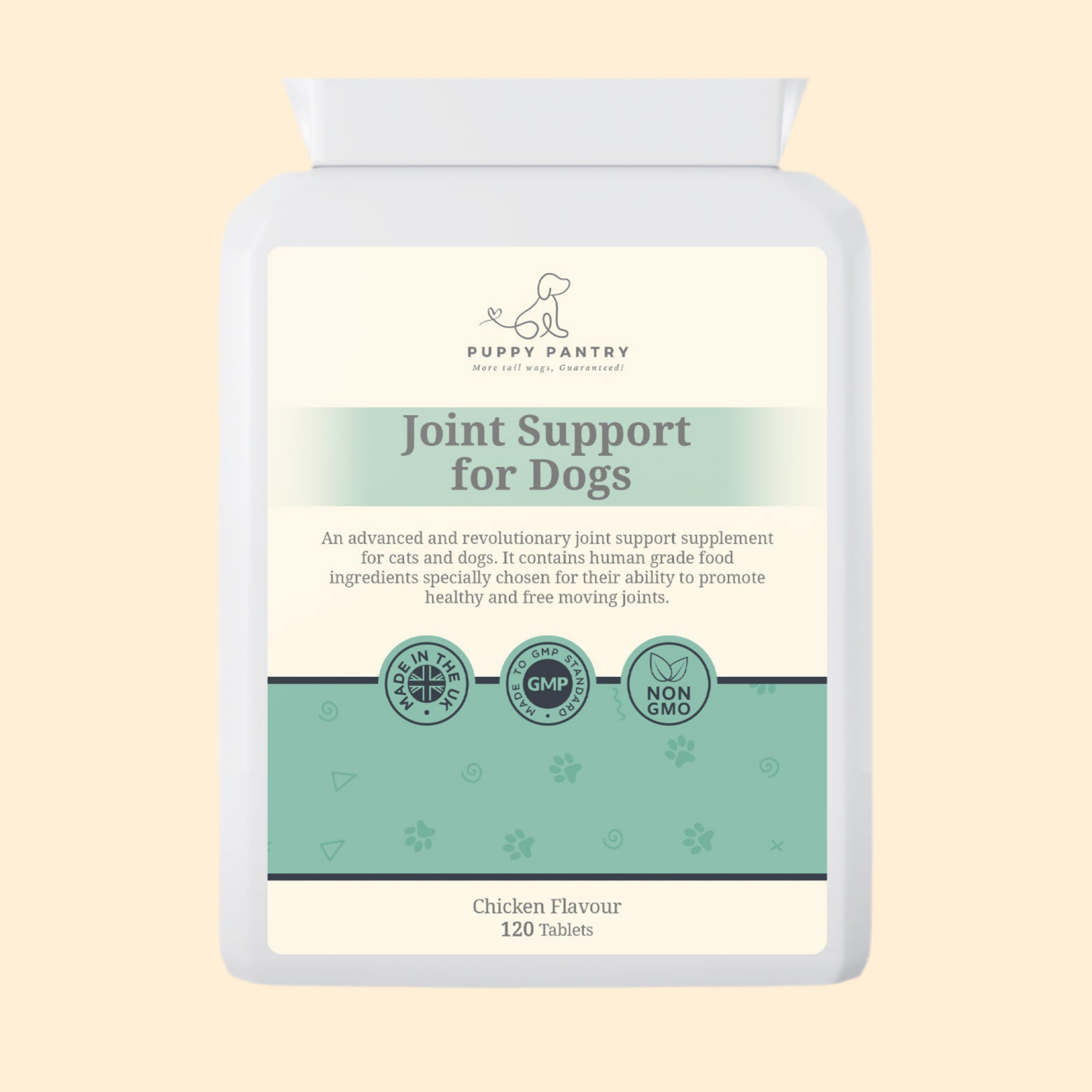 Puppy Pantry Joint Support Tablets for Dogs, chicken flavour, white 120 tablet bottle shown front on
