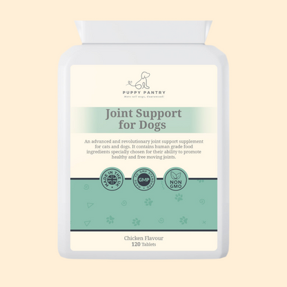 Puppy Pantry Joint Support Tablets for Dogs, chicken flavour, white 120 tablet bottle shown front on