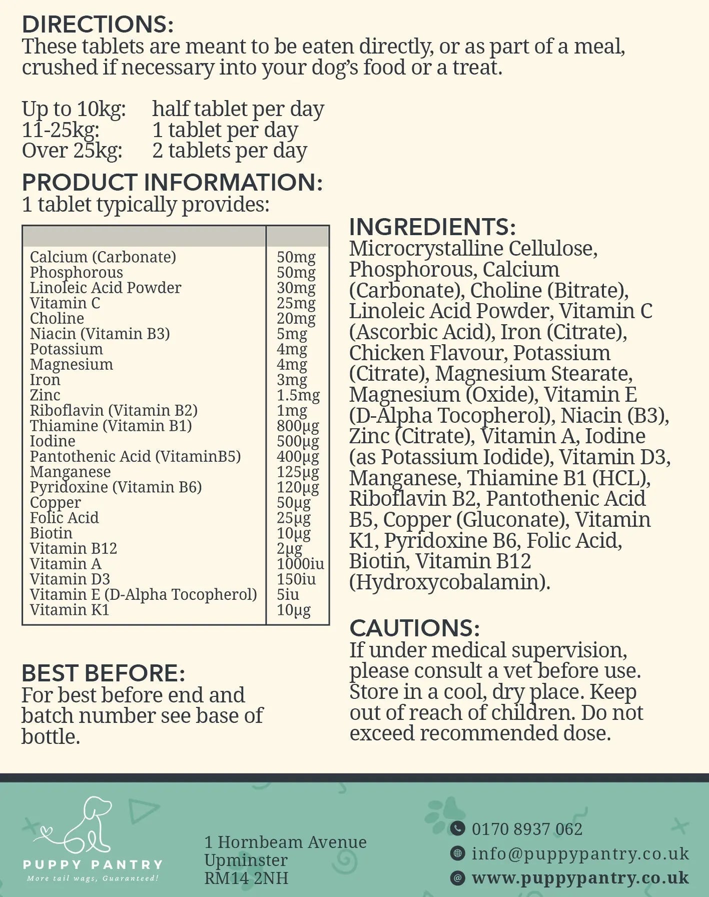 Back label artwork for Puppy Pantry Multi-Vitamin for Dogs, showing directions, the full vitamin and mineral breakdown, ingredients and cautions
