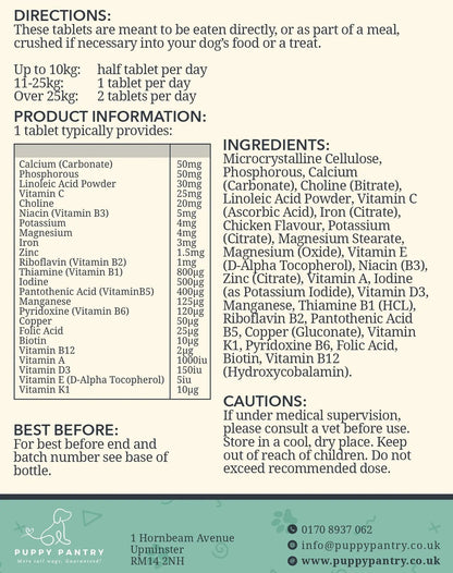 Back label artwork for Puppy Pantry Multi-Vitamin for Dogs, showing directions, the full vitamin and mineral breakdown, ingredients and cautions