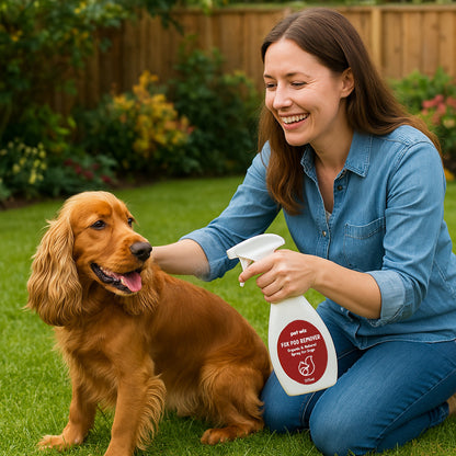 Woman kneeling on the grass beside a golden cocker spaniel, holding the 375ml fox poo remover spray bottle